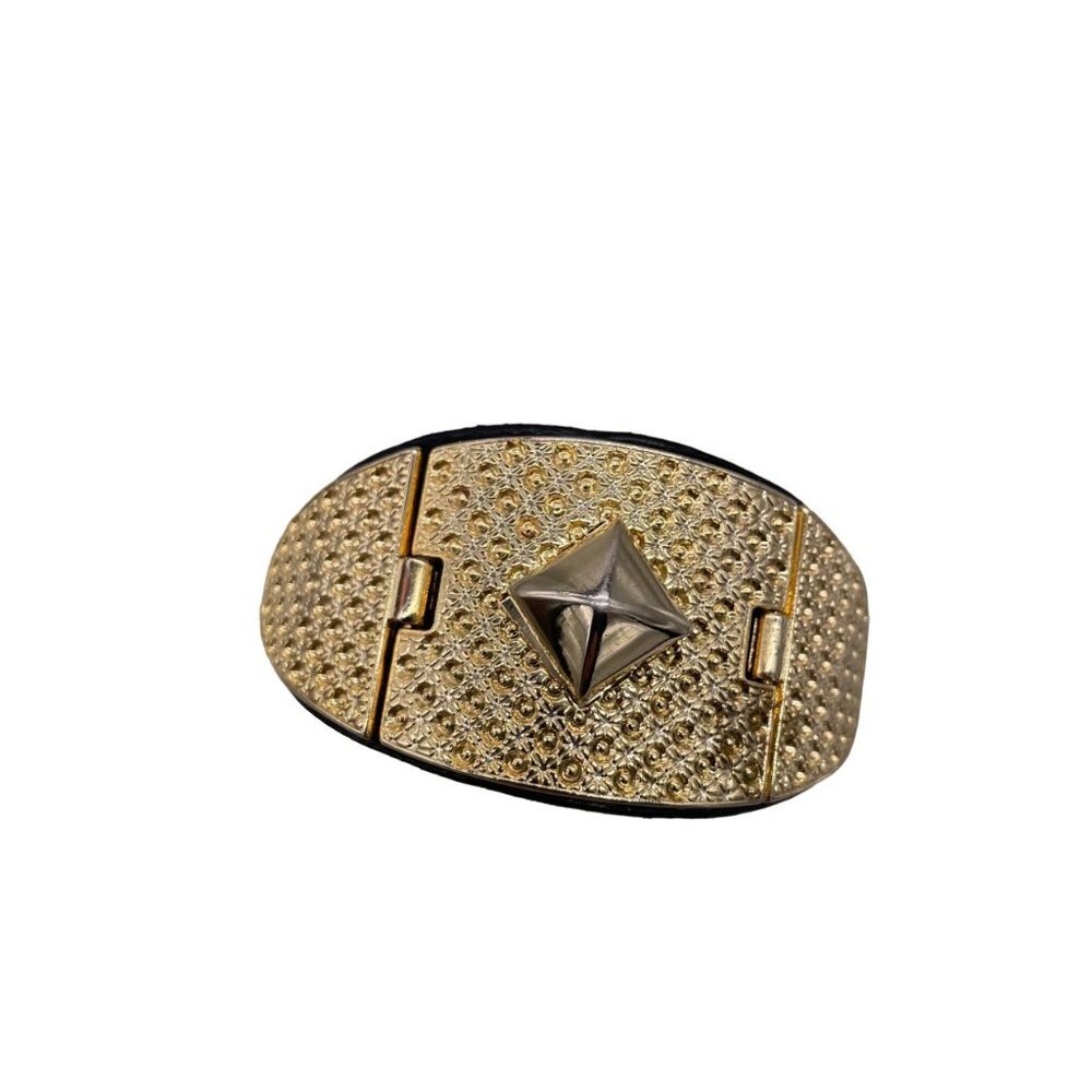 Lee Genuine Leather Textured Panel Wrap Bracelet Snap Closure Gold Tone Black